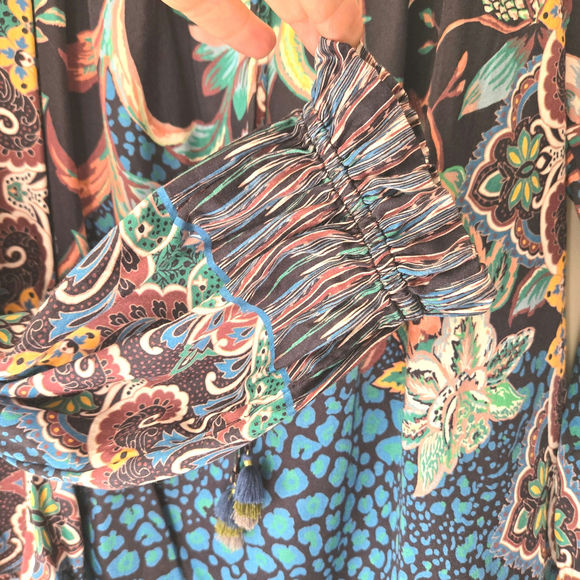 Hale Bob Silk‎ Blend Off The Shoulder Floral Top Tassel Tie Long Sleeve Size L - Picture 5 of 10